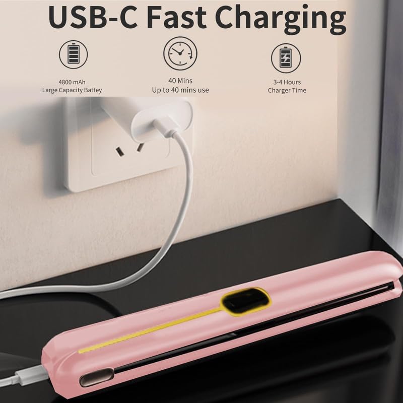 Cordless Hair Straightener and Curler 2 in 1 Portable Flat Iron Wireless Hair Straightener for Travel, USB-C Rechargeable 4800 mAh Battery Fast Heating Pink