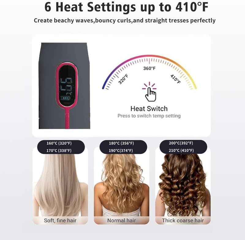 Cordless Hair Straightener and Curler 2 in 1 Portable Flat Iron Wireless Hair Straightener for Travel, USB-C Rechargeable 4800 mAh Battery Fast Heating Pink