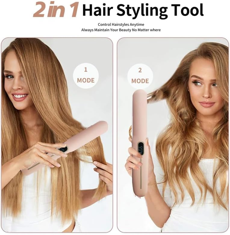 Cordless Hair Straightener and Curler 2 in 1 Portable Flat Iron Wireless Hair Straightener for Travel, USB-C Rechargeable 4800 mAh Battery Fast Heating Pink
