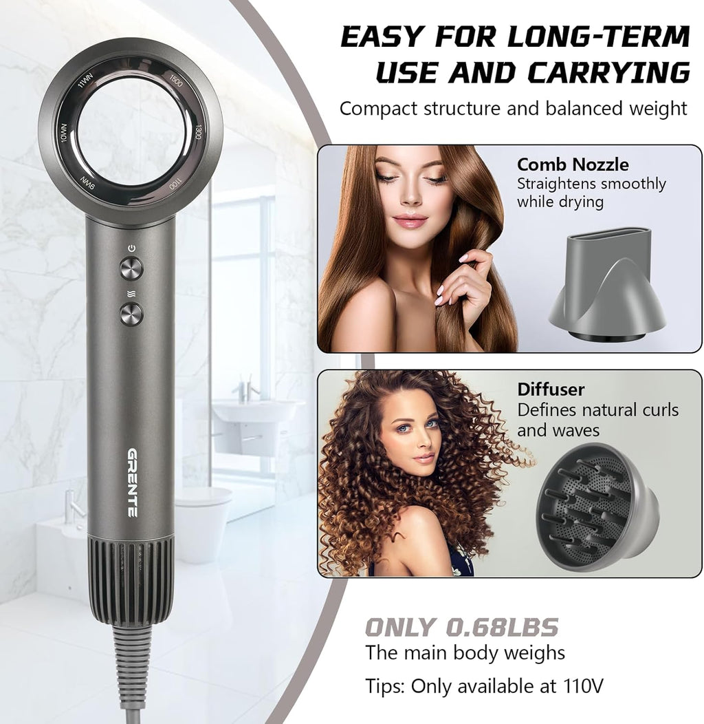 Grente Hair Dryer with Diffuser,110000 RPM Blow Dryer with Magnetic Diffuser & Concentrator,4 Heat Settings & 3 Speed, Lightweight Ionic Hair Dryer for Women and Men
