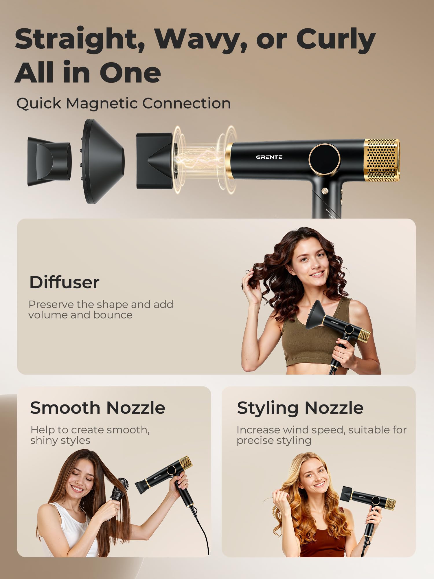 Portable Travel Hair Dryer, 110,000 RPM High-Speed Ionic Hair Dryers,Negative Ion Blow Dryer,4 Heat Settings & 3 Speed, Magnetic Diffuser & Concentrator,Low Noise, Lightweight, No Heat Damage