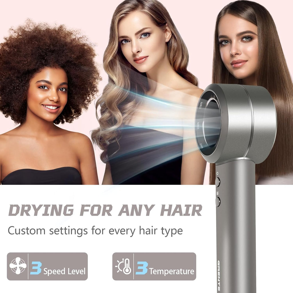 Grente Hair Dryer with Diffuser,110000 RPM Blow Dryer with Magnetic Diffuser & Concentrator,4 Heat Settings & 3 Speed, Lightweight Ionic Hair Dryer for Women and Men