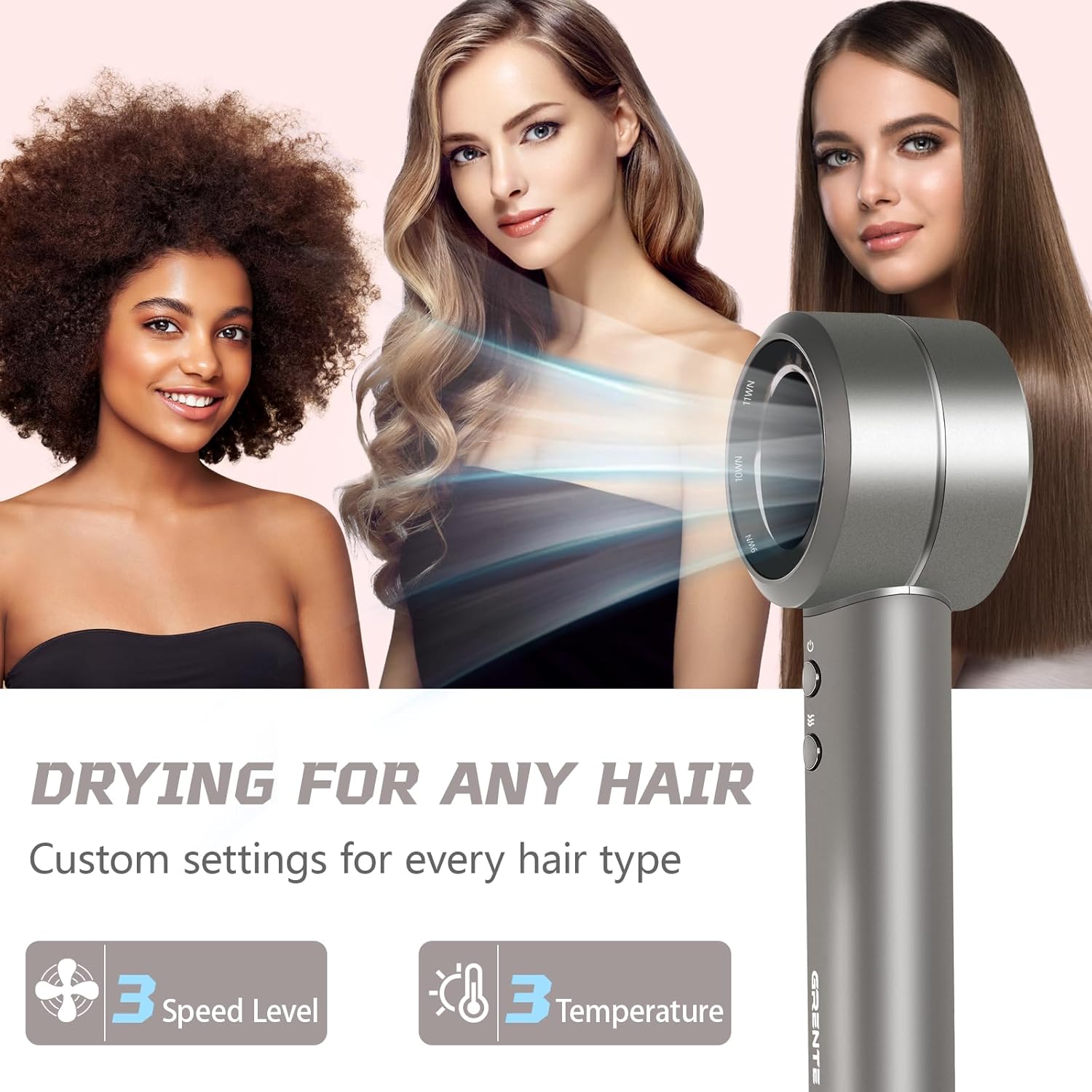 Grente Hair Dryer with Diffuser,110000 RPM Blow Dryer with Magnetic Diffuser & Concentrator,4 Heat Settings & 3 Speed, Lightweight Ionic Hair Dryer for Women and Men